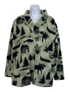 Ariel Woodland Moose Cabin Fleece Pullover Jacket Medium